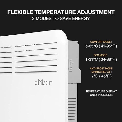 Miniatura 5 de Calentador eléctrico para uso en interiores, calentador de pared de 1500 W con termostato ajustable, calentador de convección portátil para