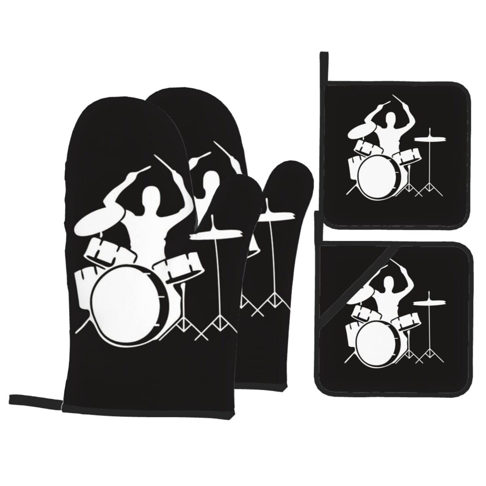 Drummer Oven Mitt and Pot Holder 4-Piece Set for Kitchen, Outdoor Grill, Baking