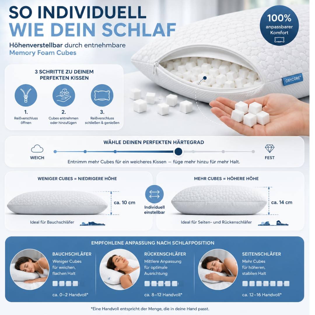 Airflow Kopfkissen 80x40 cm – Höhenverstellbares ergonomisches Memory Foam Kissen mit entnehmbaren Foam Cubes – Atmungsaktives & waschbares Schlafkissen für Seiten-, Rücken- & Bauchschläfer