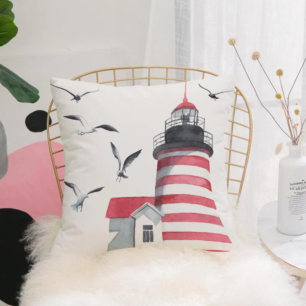 HYOSXW Cushion Cover,Throw Pillow Case Home Decorative for Living Room Bedroom Sofa Chair 16X16 Inch,Apartment decor, lighthouse and seagulls on the beach Help to navigation by the,Pillowcase 40X40cm