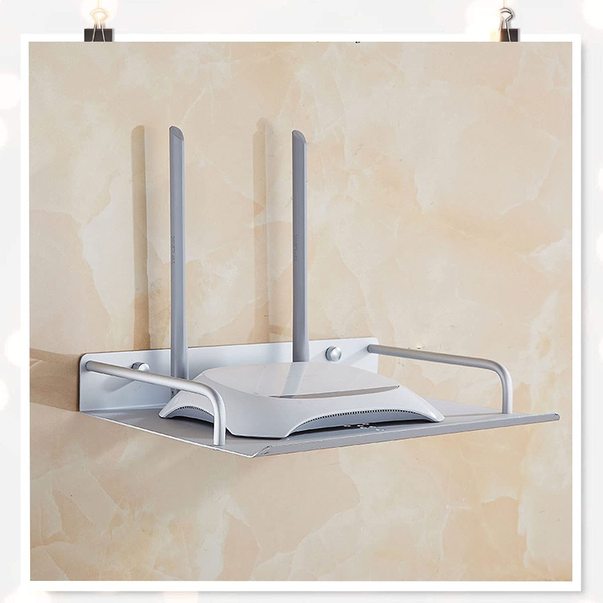 Supporto parete per router Rack – Ripiano in alluminio argentato montato a parete, 23 x 16 cm