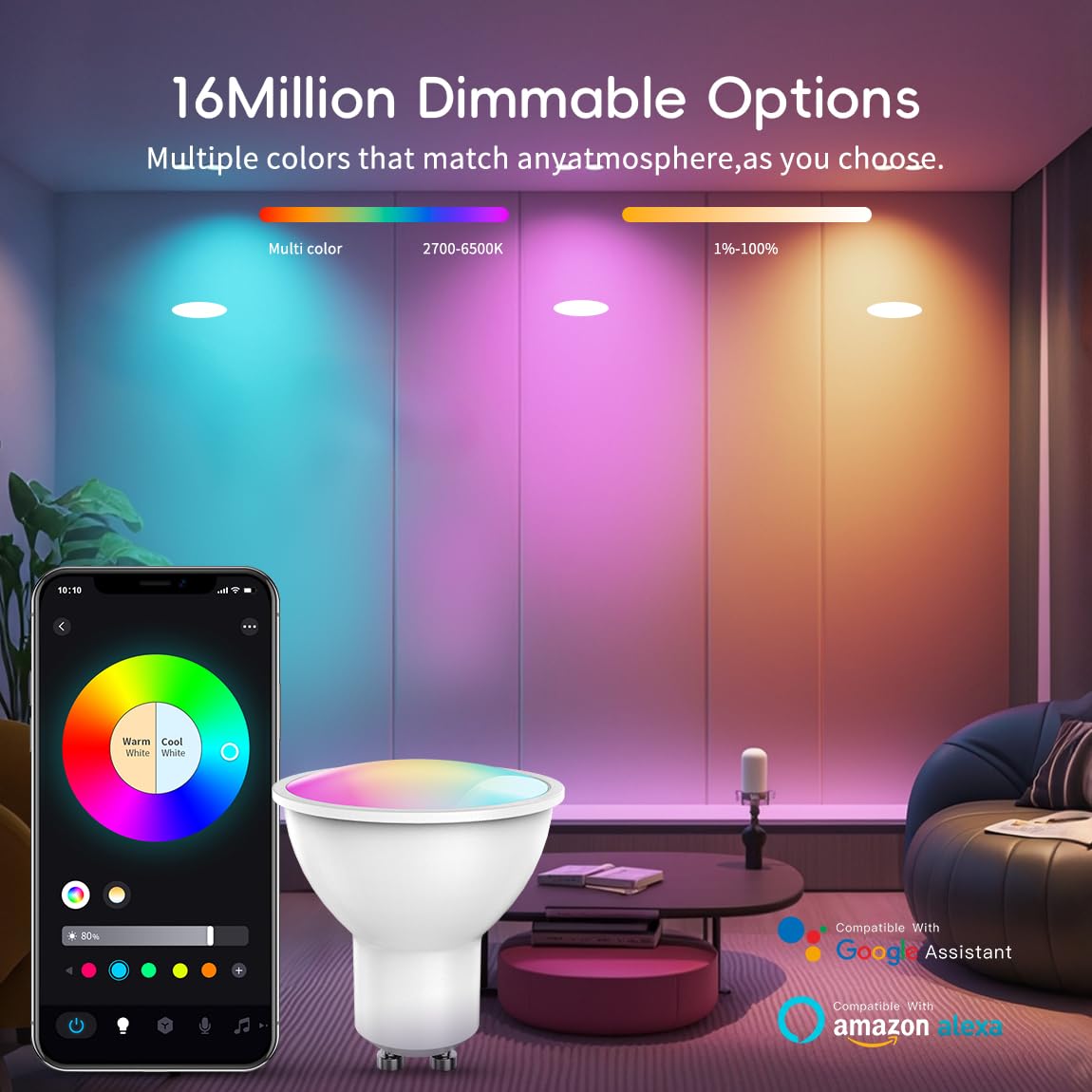 POIUYTO Lampadina LED intelligente GU10, WLAN LED RGBWW, dimmerabile, con 16 milioni di colori fai da te, 420 lm, accessori Smart Home Alexa, controllo vocale, funzionamento con Alexa, Google