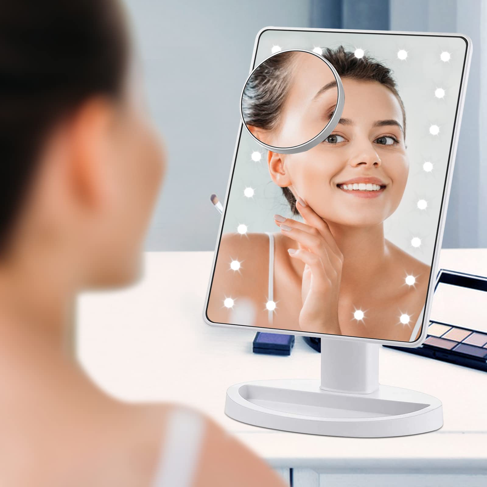 Nestling Specchio Cosmetico 10x, touchscreen con 16 luci LED puo essere ruotato liberamente di 180°, a doppia potenza per trucco,rasatura e viaggi