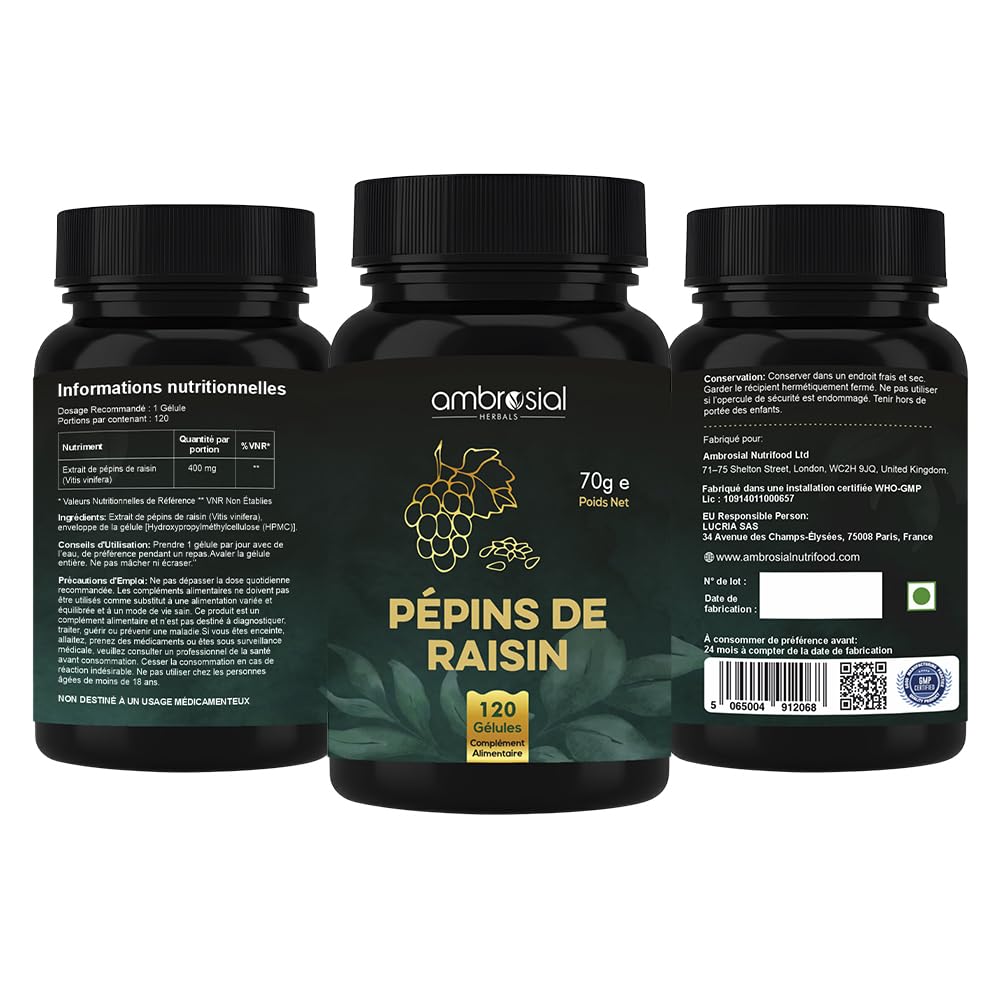 Ambrosial Capsules d'extrait de pépins de raisin | 95% polyphénols OPC | Supplément de pépins de raisin haute résistance | Antioxydant puissant | Lot de 1 à 120 capsules végétaliennes