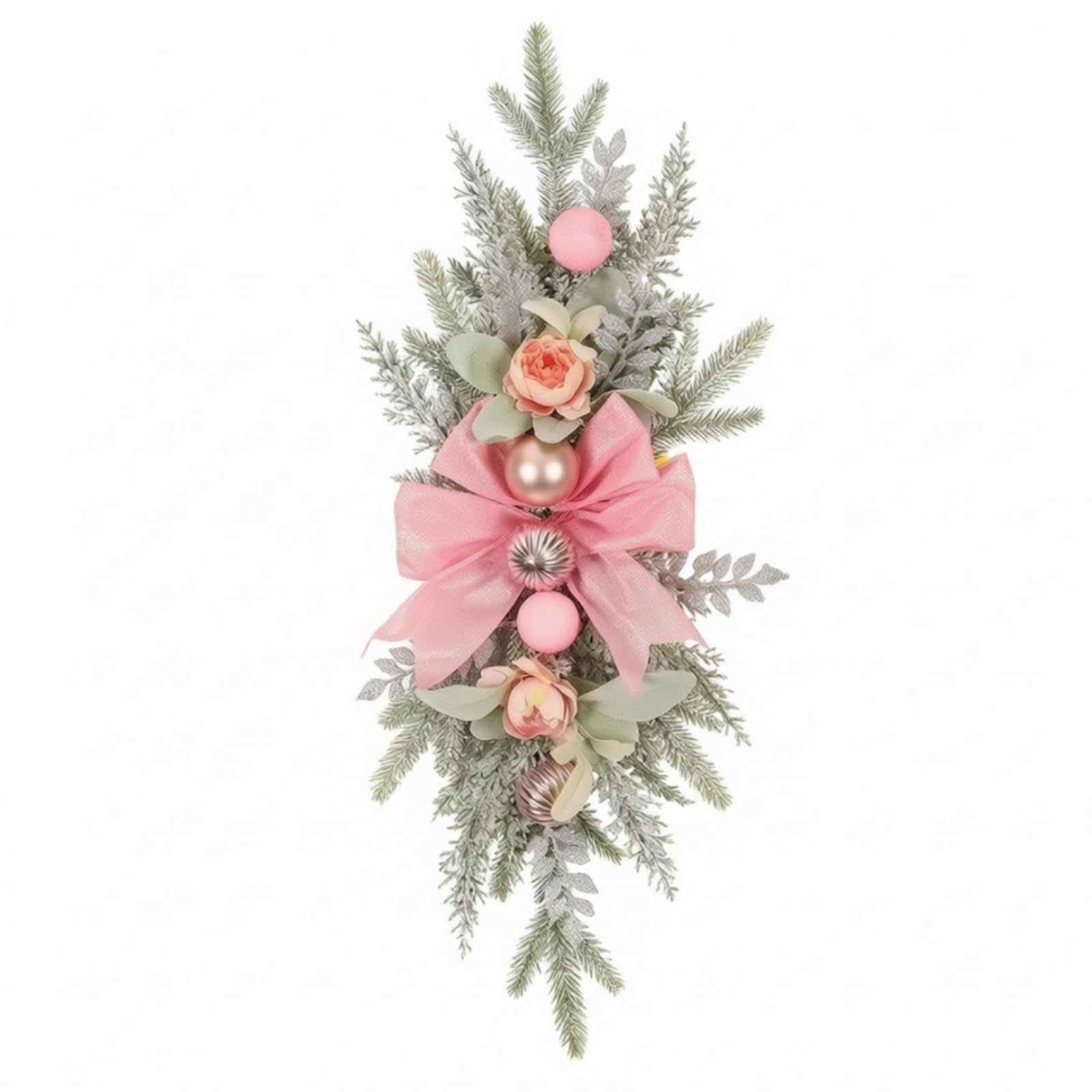 Swag Noël Réaliste Décoration Suspendue Facile d'entretien Guirlan avec Nœud pour Escalier, Rambar, Mur, Art Moderne, Noël, Nœud Rose Pailleté, Boules Roses, Roses, Feuilles Givrées