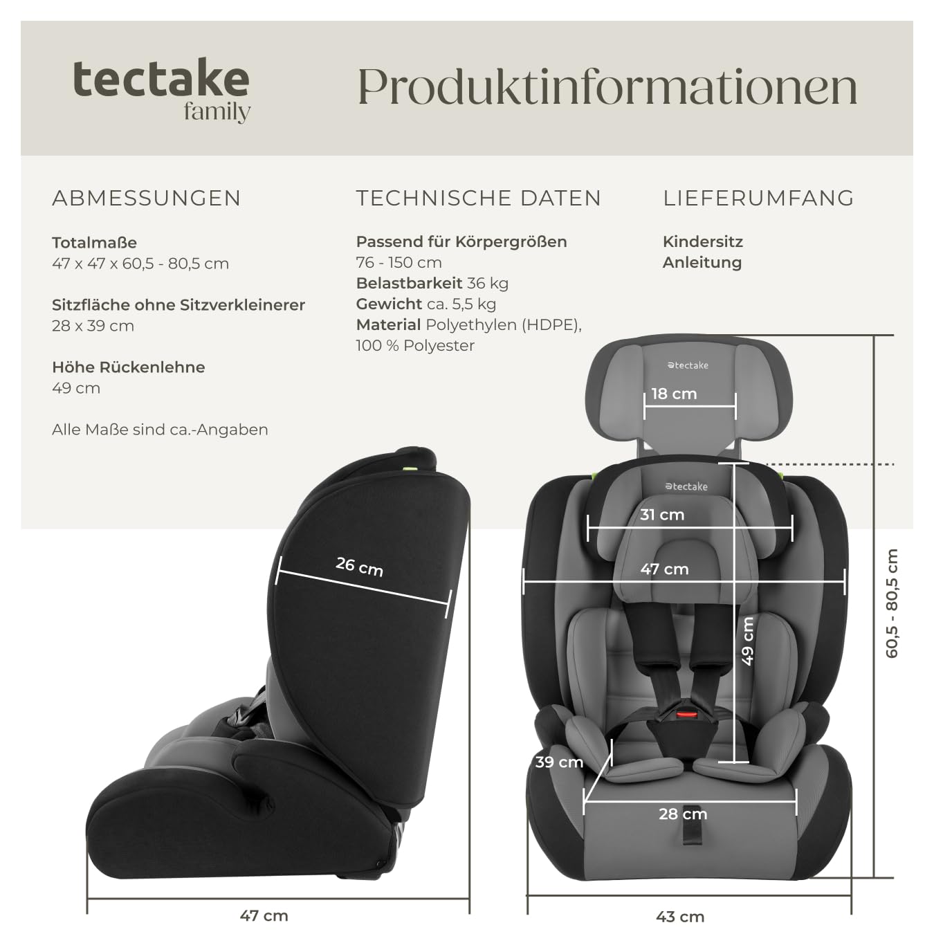 tectake® Autositz mit 5-Punkt-Gurt, i-Size Zulassung, mit Seitenaufprallschutz, Kindersitz Sitzerhöhung für Kinder von 76-150 cm, bis 36 kg, Kindersitzerhöhung, ohne Isofix - dunkelgrau/schwarz