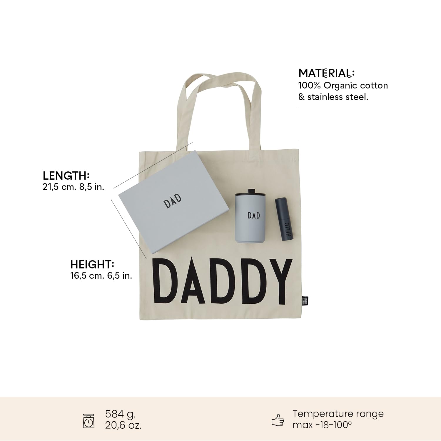 Design Letters Confezione regalo da uomo | Confezione regalo per la festa del papà | Tazza termica da caffè, borsa in cotone e dispenser tascabile | festa del papà | Regalo di papà 4 Pcs| Regalo papa