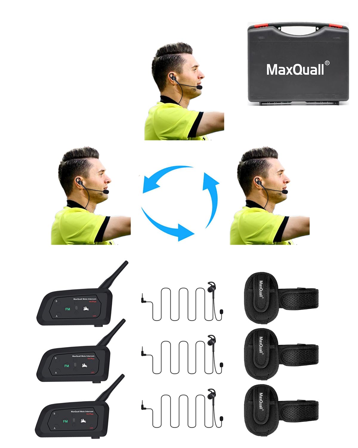 Referee Headset, Referee Communication System Sets 3 Person Full Duplex Football Wireless Bluetooth Headsets for Official Volleyball Football Soccer Handball Coach (3V4(R Earphone))