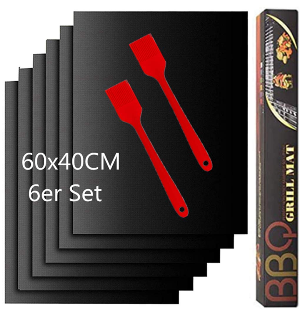 Nifogo Tappetino Per Barbecue A Gas, Griglia A Carbonella E Griglia Elettronica, 60 X 40 Cm, Set Da 6 Pezzi, Senza PFOA, Antiaderente, Riutilizzabile, Nero, Rettangolare