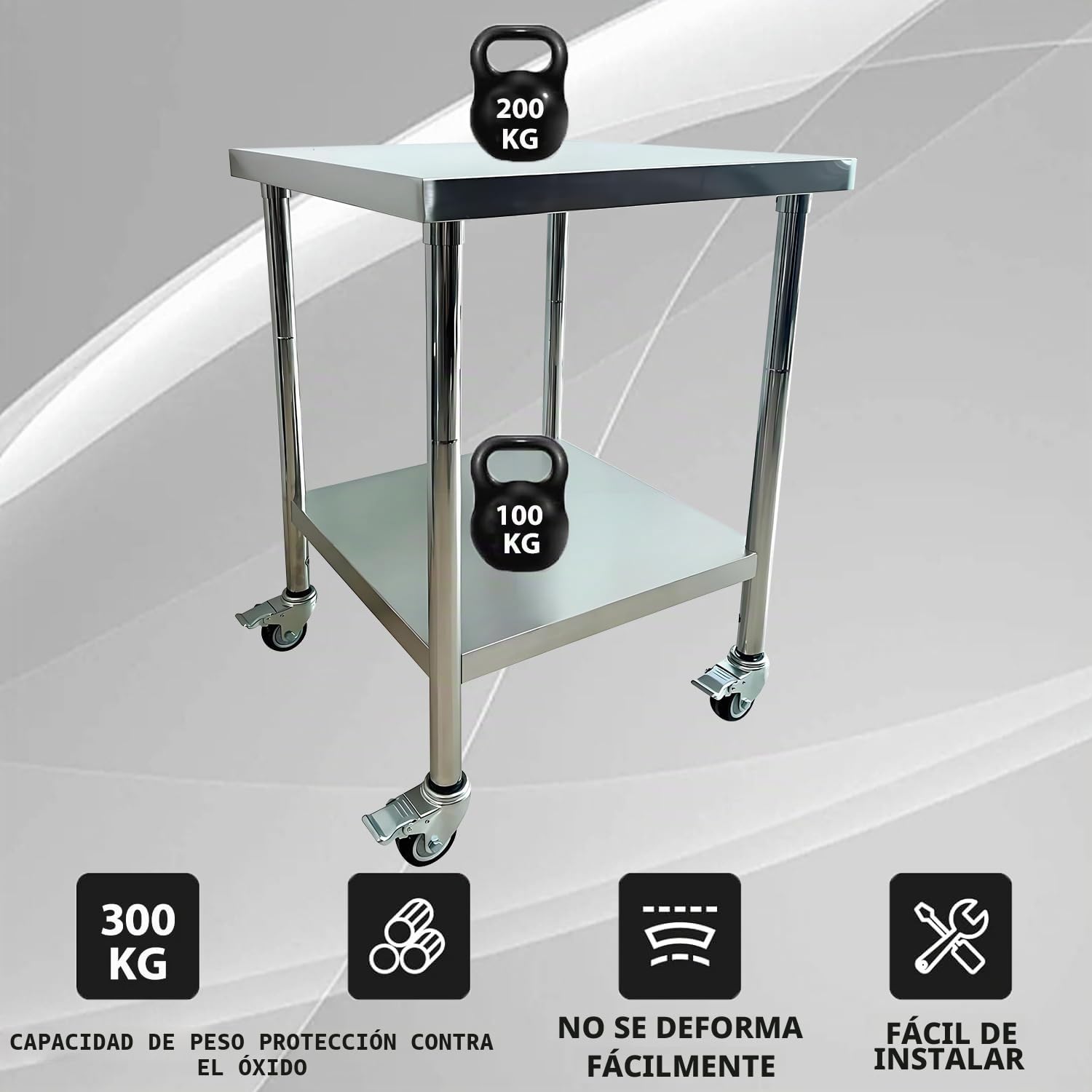 Mesa de trabajo de cocina de acero inoxidable, 61 x 60 cm, 4 ruedas giratorias con frenos, hasta 200 kg, mesa profesional de acero inoxidable, mesa de cocina para restaurante, cocina, bar