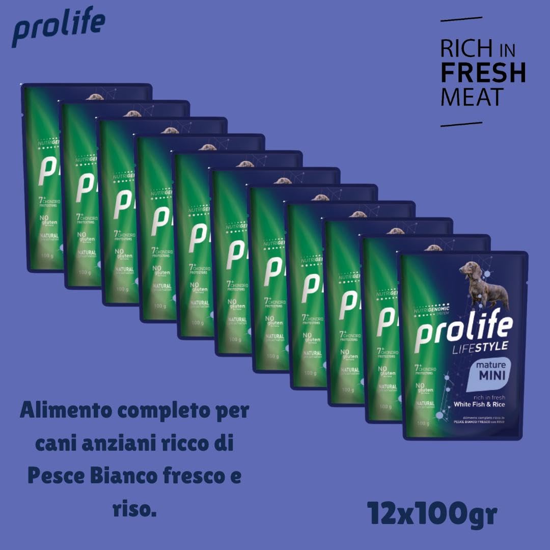 Prolife Umido Cane Mature Small Mini Lifestyle 100gr, alimento completo per cani anziani di tutte le taglie gusto PESCE BIANCO e RISO | 12 bustine da 100 grammi l’una.