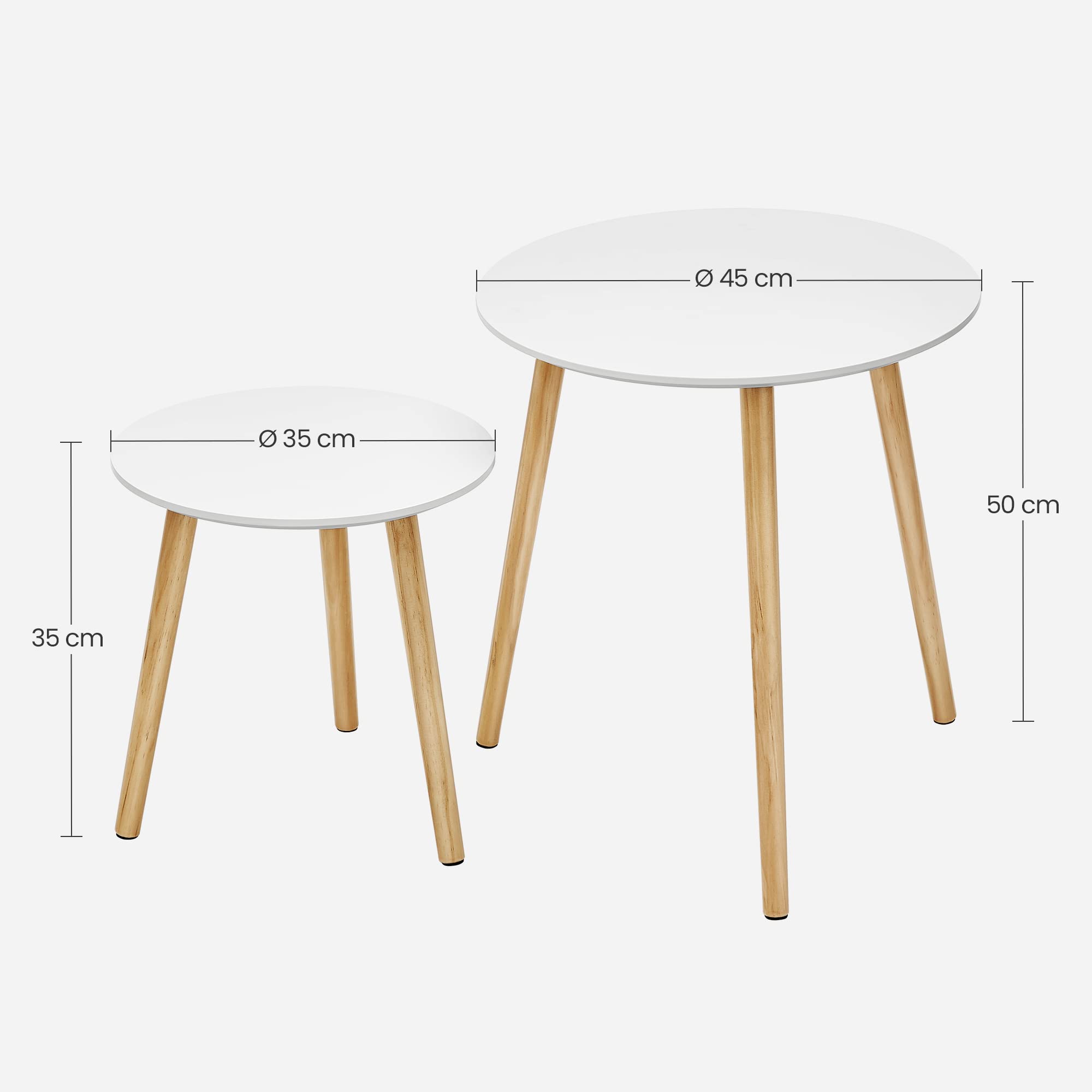 SONGMICS Tavolino Rotondo, Tavolino Moderno Minimalista, Set di 2 Tavolini da Caffè con Gambe in Legno di Pino, Stile Scandinavo, per Soggiorno Salotto Balcone, Bianco e Naturale LET07WN