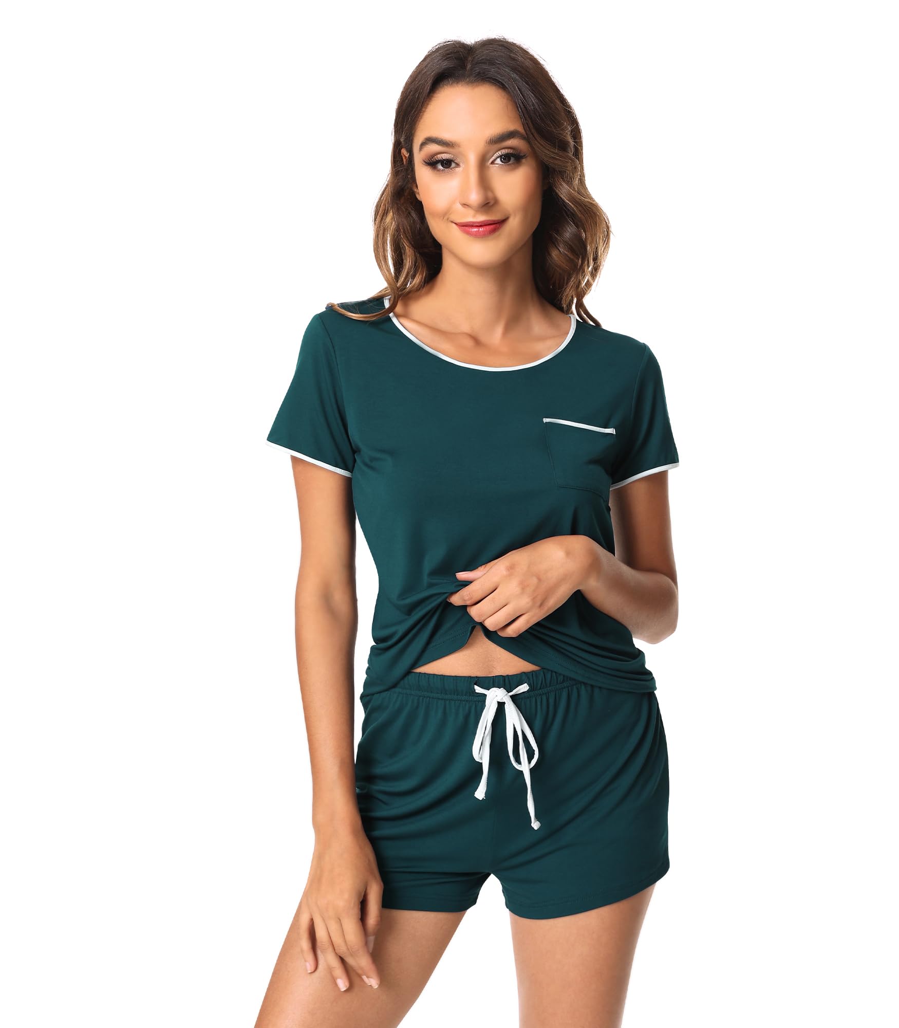 WiWi Bamboo Viscose Pajamas for Women Contrast Trim Crew Neck Loungwear, L