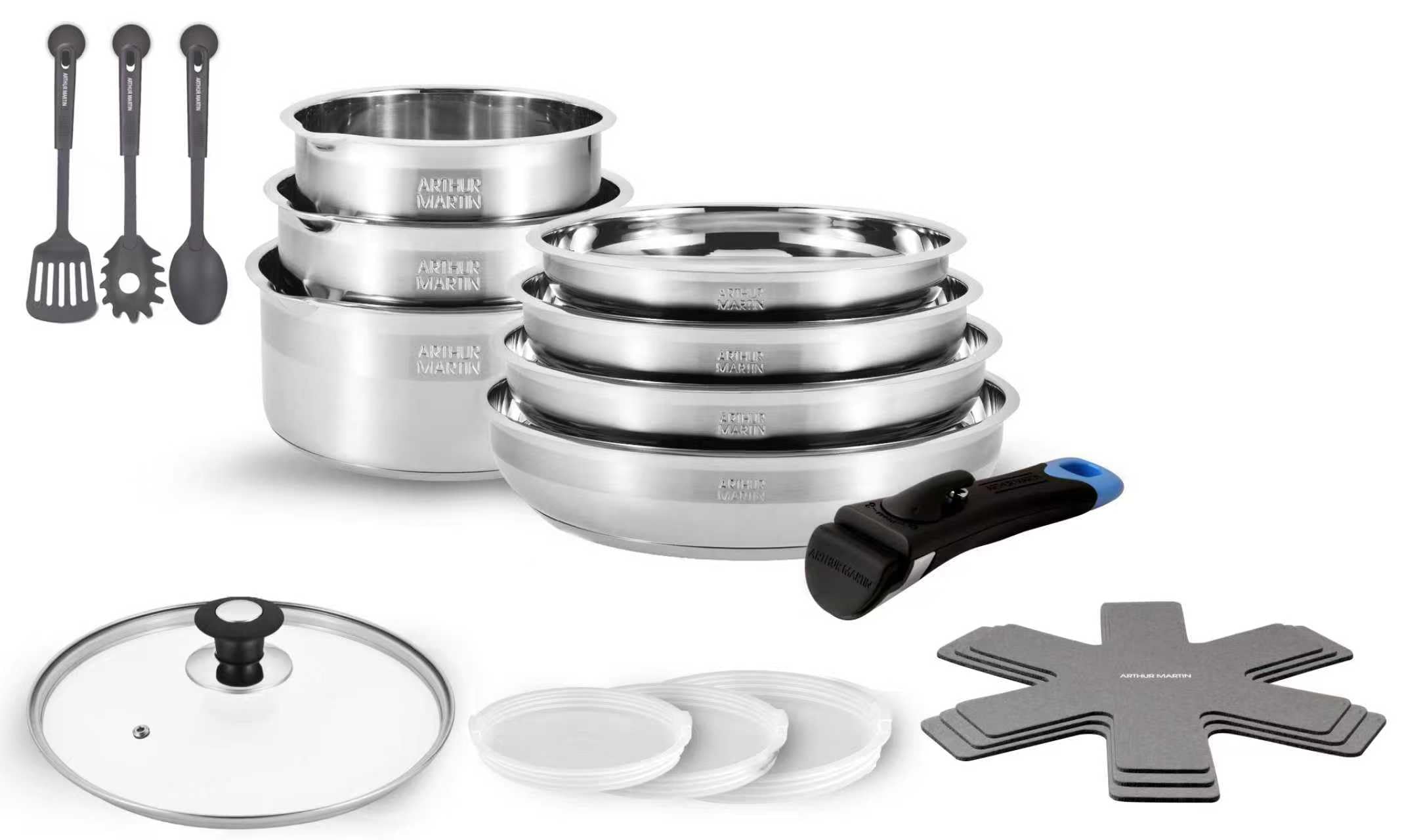 Arthur Martin - Batterie de Cuisine 18 Pièces Acier Inoxydable 18/​10 - Poêles Ø20-​24-​26 cm Casseroles Ø16-​18-​20 cm Sauteuse Ø24 cm - Tous Feux Induction Couvercles Verre et Hermétiques