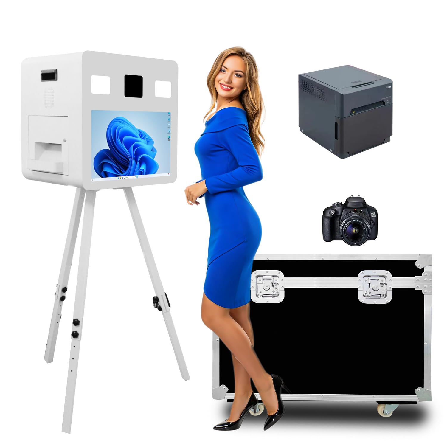Statyw DSLR Photobooth Machine z ekranem dotykowym 54.6 cm, regulacja wysokości, do selfie weselnych (biały, pełny zestaw)