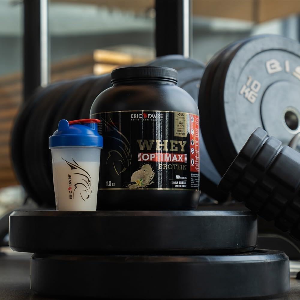 WHEY OPTIMAX PROTEIN +74% Protéines Bi-sources : WPC + Protéine Brevetée, 17g BCAA, 11g Glutamine, Peu Sucrée, Onctueuse - Idéal pour Prise de Masse Musculaire - 1,5kg - Saveur Vanille - Eric Favre
