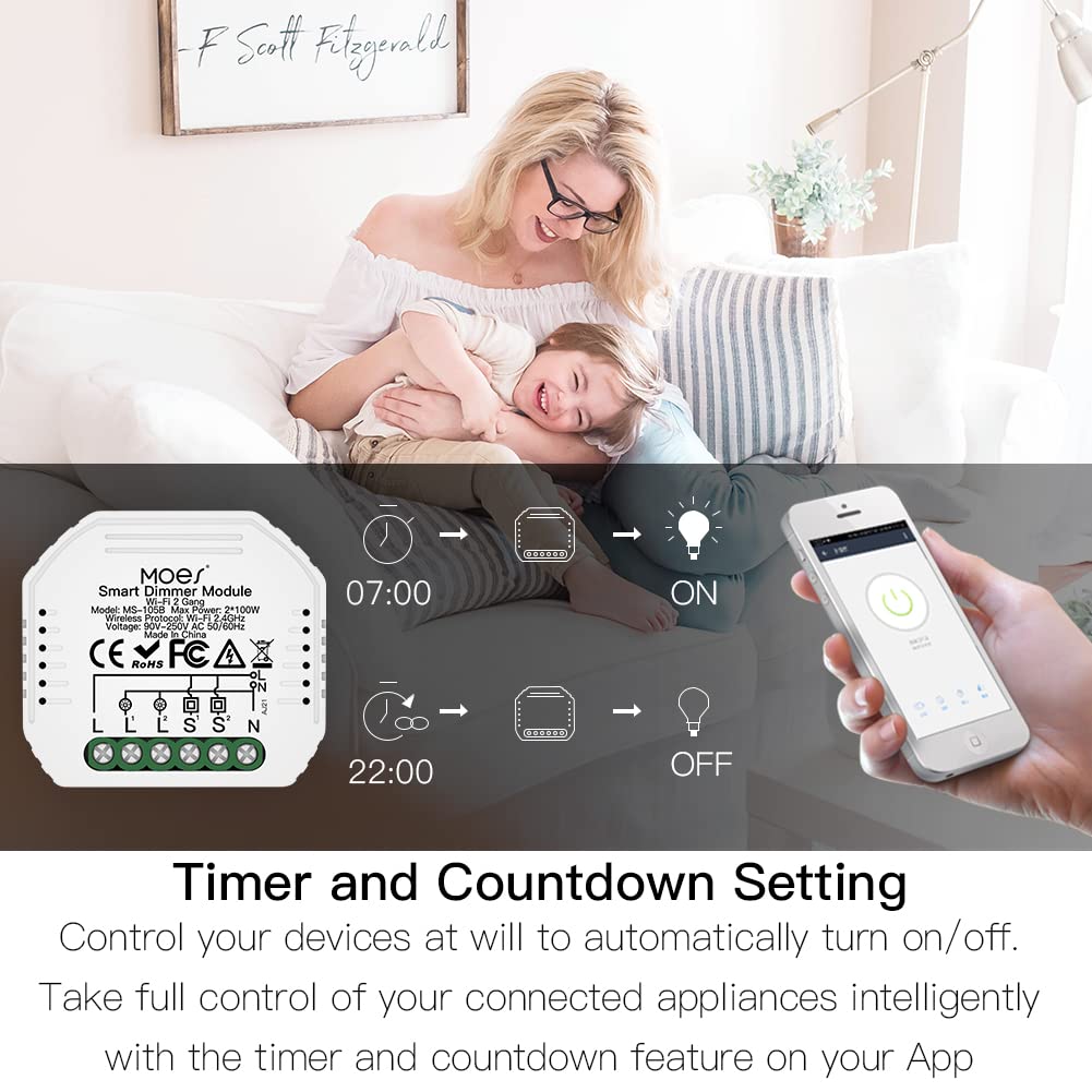 MOES Alexa WiFi Dimmer Interruptor Luz Módulo 2 Gang, Dimmer Inteligente Inalambrico Módulo, Compatible con Smart Life Tuya App, Alexa Google Home, Solo red de 2,4 Ghz e interruptor de reinicio
