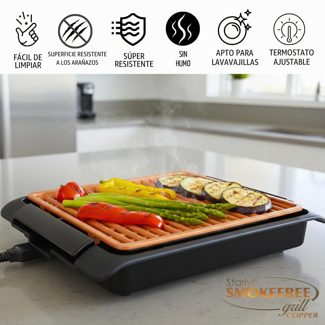 STARLYF Barbacoa eléctrica Smokefree Grill + Plancha - Barbacoa Eléctrica de 1250W, Parrilla Eléctrica Interior sin Humos ni Olores, Superficie Antiadherente de Cobre, Cocción Uniforme