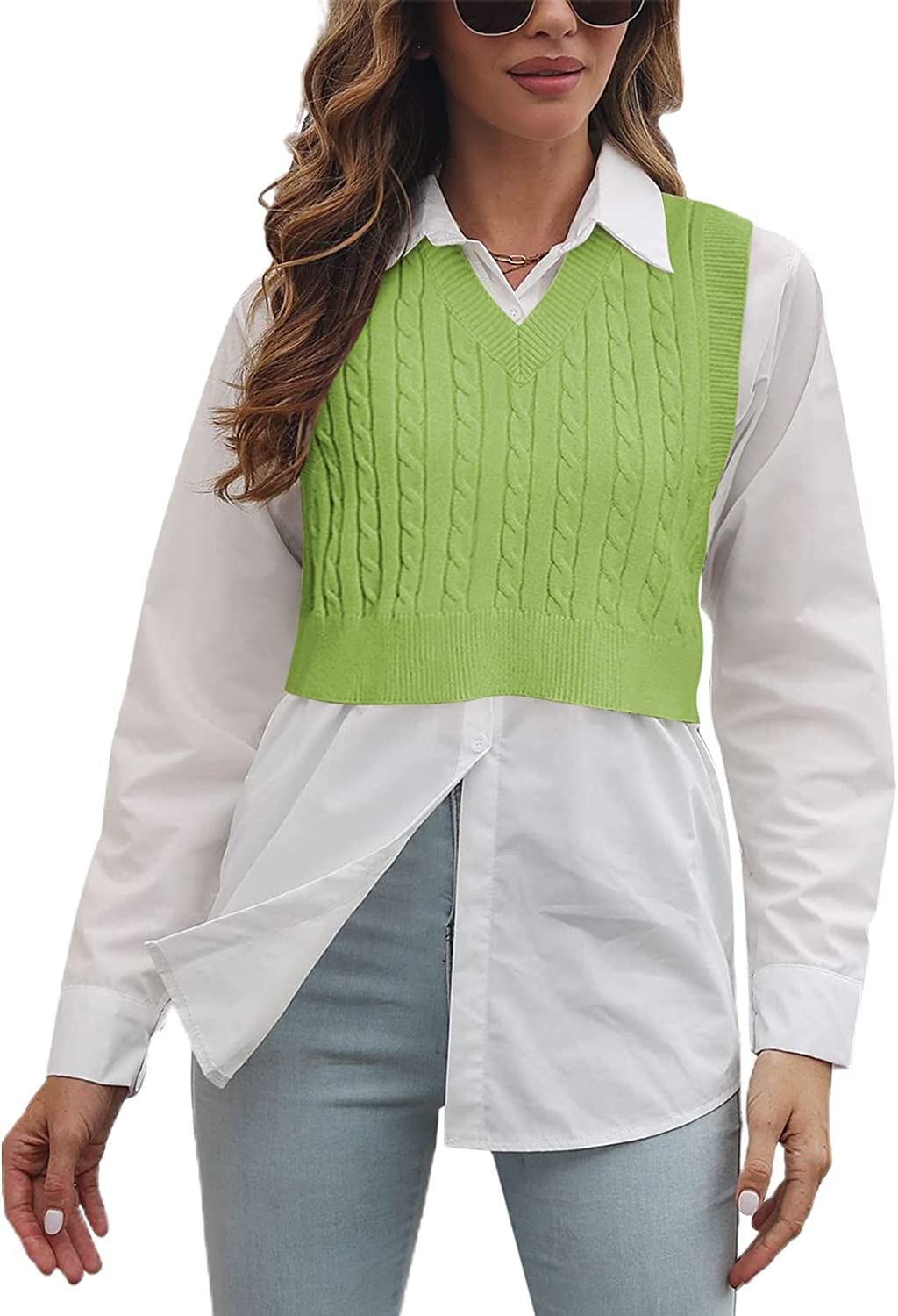 Lailezou Womens V Neck Knit Sweater Vest Solid Color Argyle
