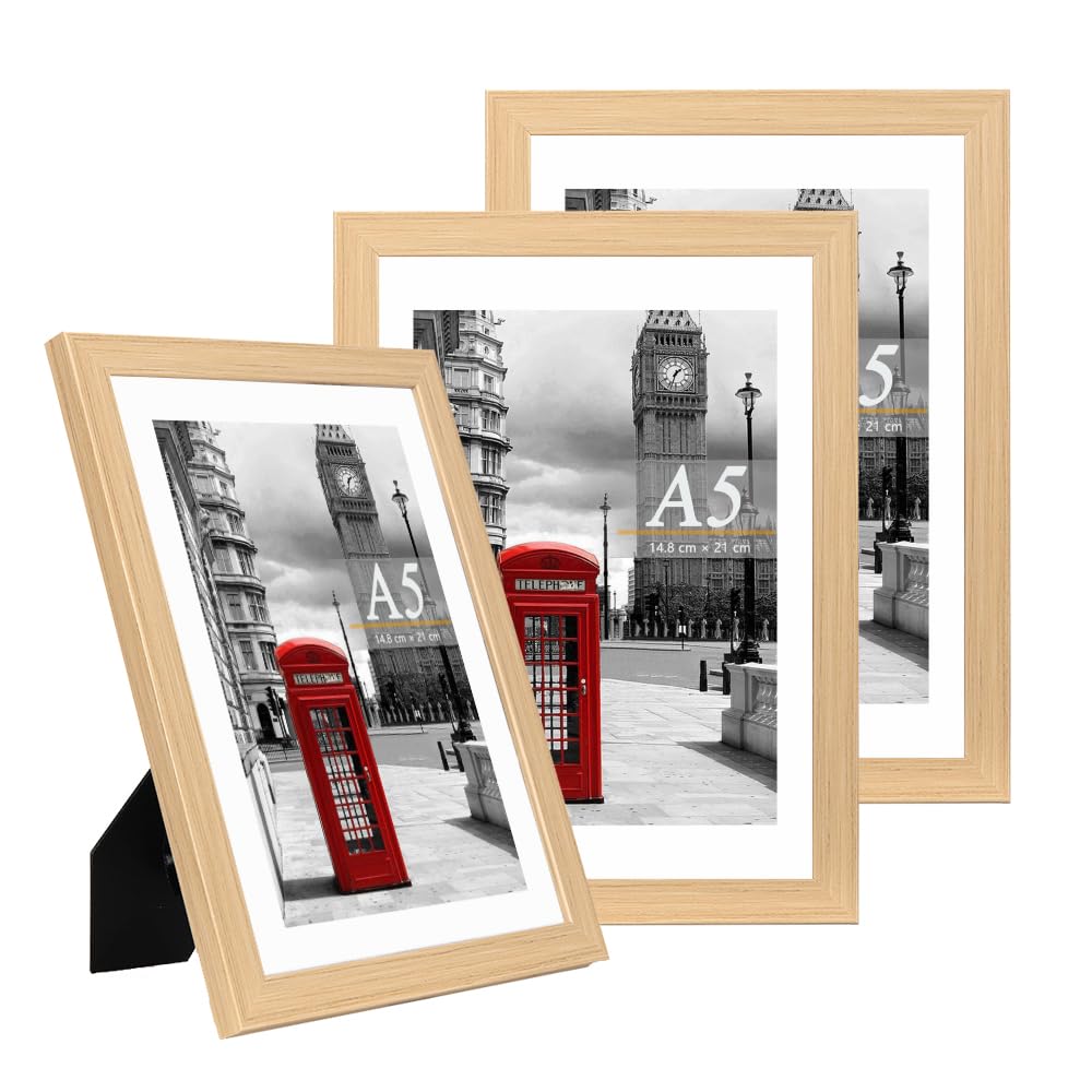 Scholar Tree Natural Picture Frame A5 / 21 X 14.8 Cm Set Of 3 Photo Frames, Picture Frames For Freestanding And Wall Mountable