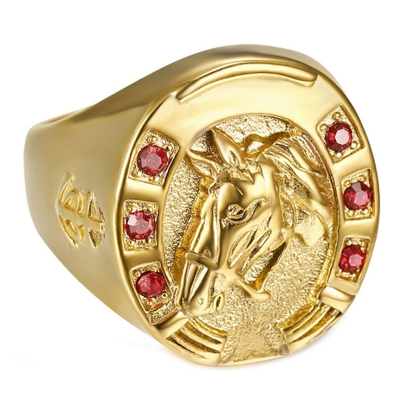 BOBIJOO Jewelry - Bague Fer à Cheval Chevalière Homme Voyageur Gitan Acier Inoxydable Or Rubis Rouge - 71 (13 US)