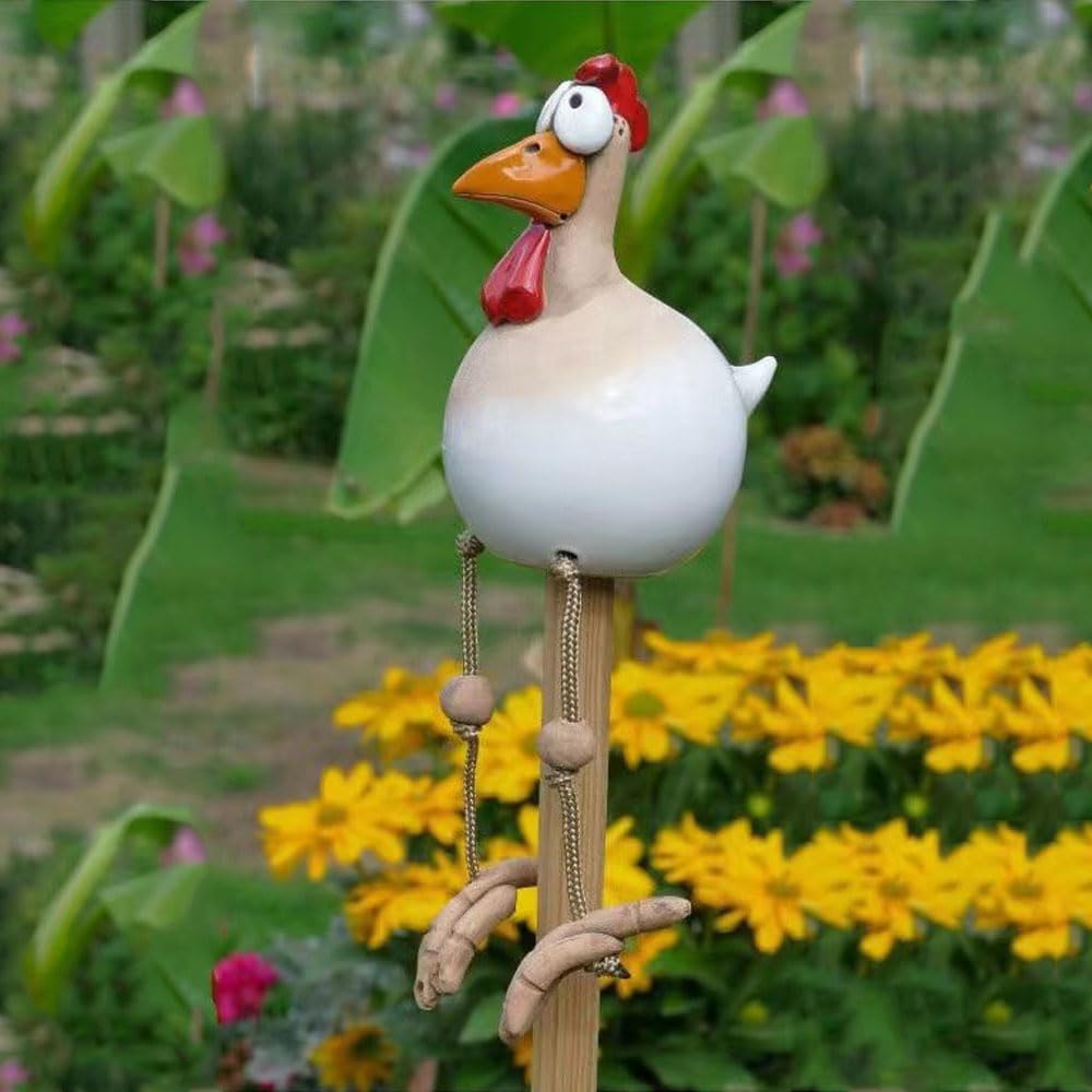 Romeeton Resin Chicken Sculpture,Resin Rooster Ornaments Funny Chicken Decor Ceramic Garden Statues Art Outdoor Yard Decorative Garden Stakes for Home Outside Courtyard Farmhouse Patio Yard (White) - Image 2