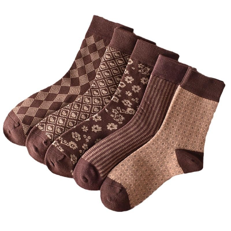 Vintage Gingham Brown Cotton Socks for Women Winter Casual Warm Socks Patterned Walking Socks Crew Socks 5 Pairs