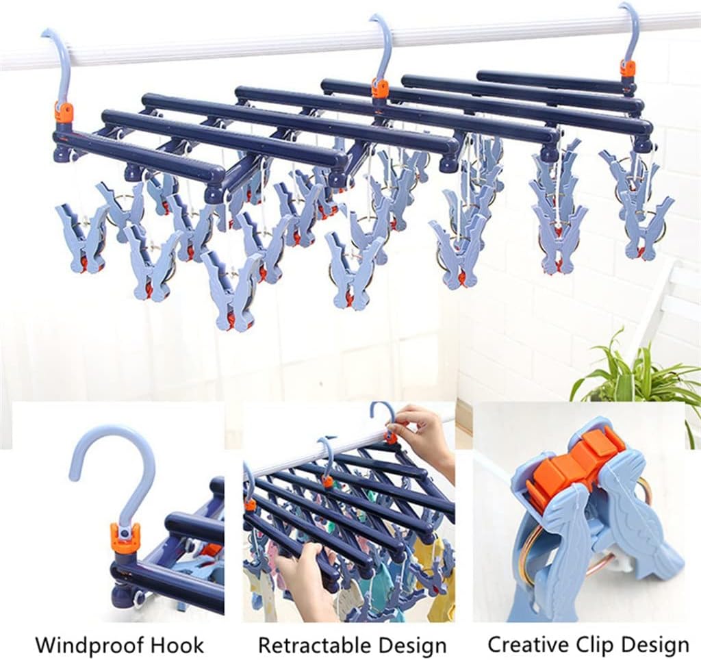 Retractable Clothespin Drying Rack Socks Underwear Multi-Clip Clothesline Home Second Collection(D)
