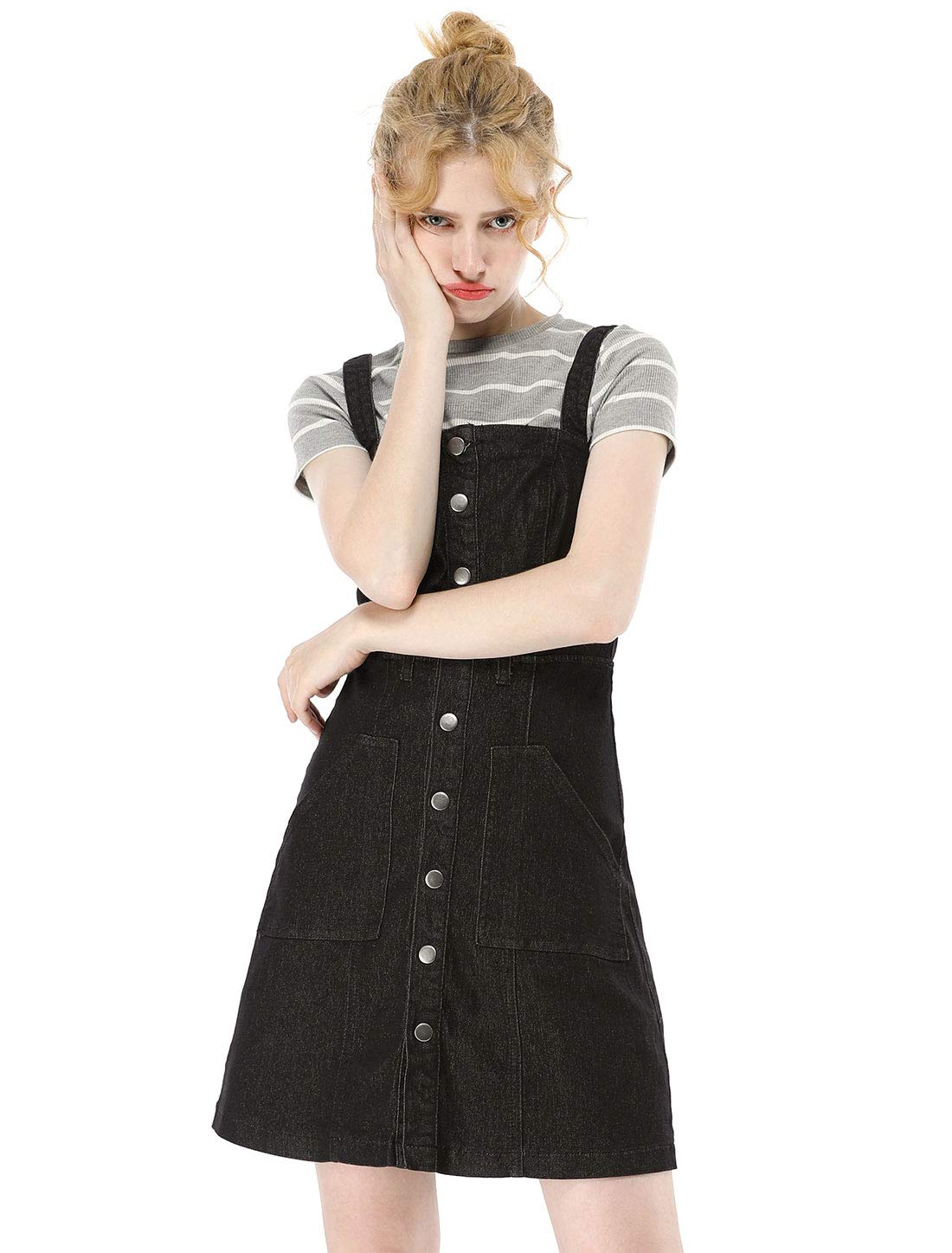 Allegra K Damen A Linie Knopfleiste Bindegürtel Jeans Latzkleid Kleid