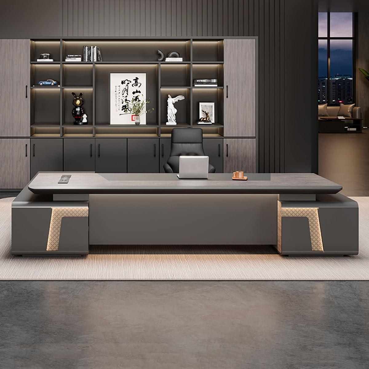 DUWEIKE Executive Desk with Storage Cabinet, Modern L Shaped Home Office Desk with Lockable Drawers & Storage Cabinet, Wood Writing Table Workstation,2.4m