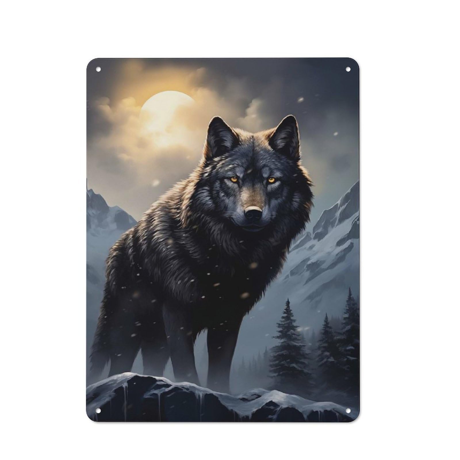 Junmoney Style-22 Black Wolf In Snowy Mountains Rustic Metal Plaque 40X30cm For Café Or Restaurant, Wall Decor For People Reorganising Café And Restaurant