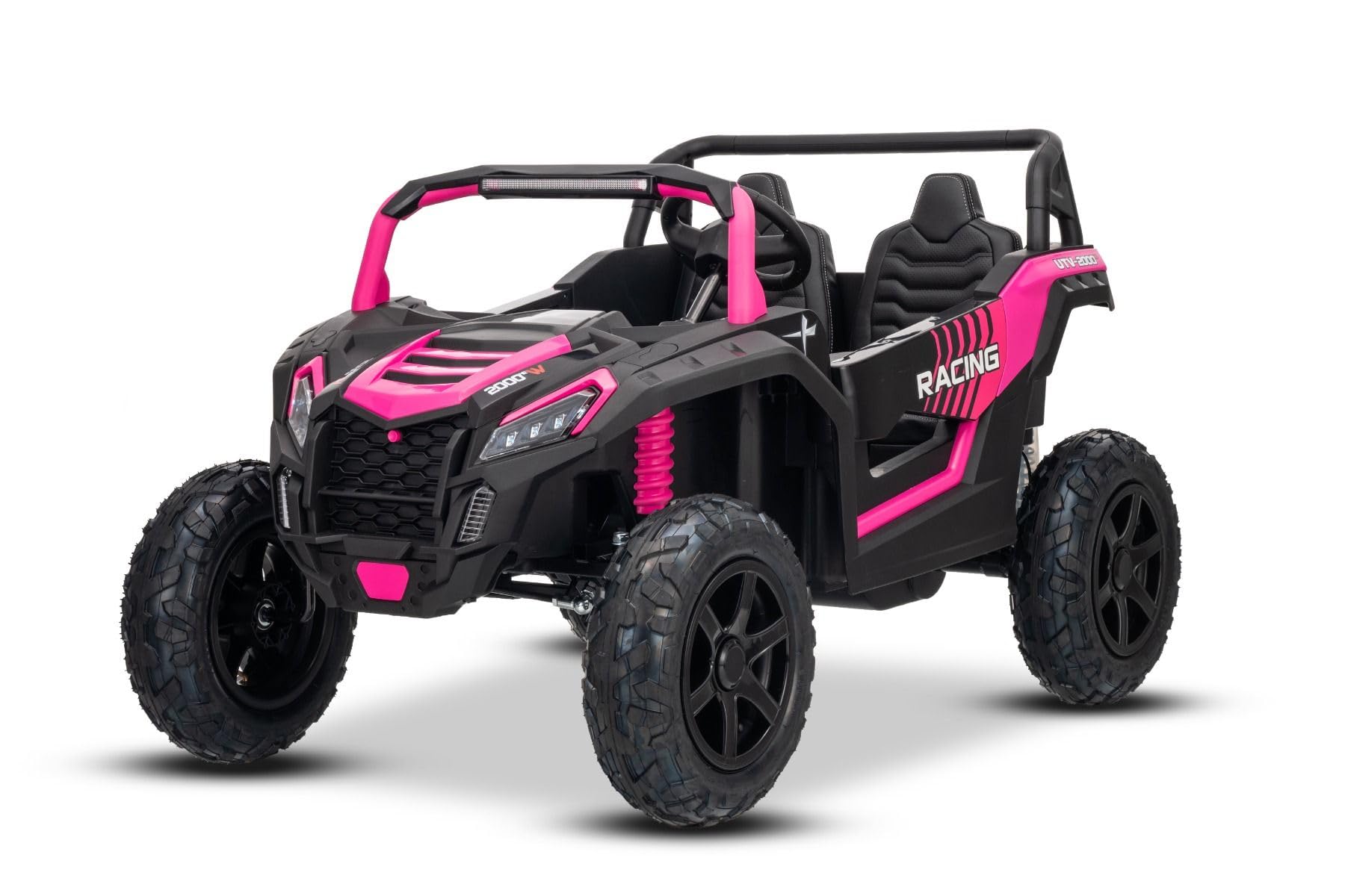 UTV XXL elektryczny samochód na pedały, 24 V, różowy, dwumiejscowy, silnik z mechanizmem różnicowym, nadmuchiwane gumowe koła, wiszące tylne osie, hamulec tarczowy, tapicerowane siedzisko, regulowana