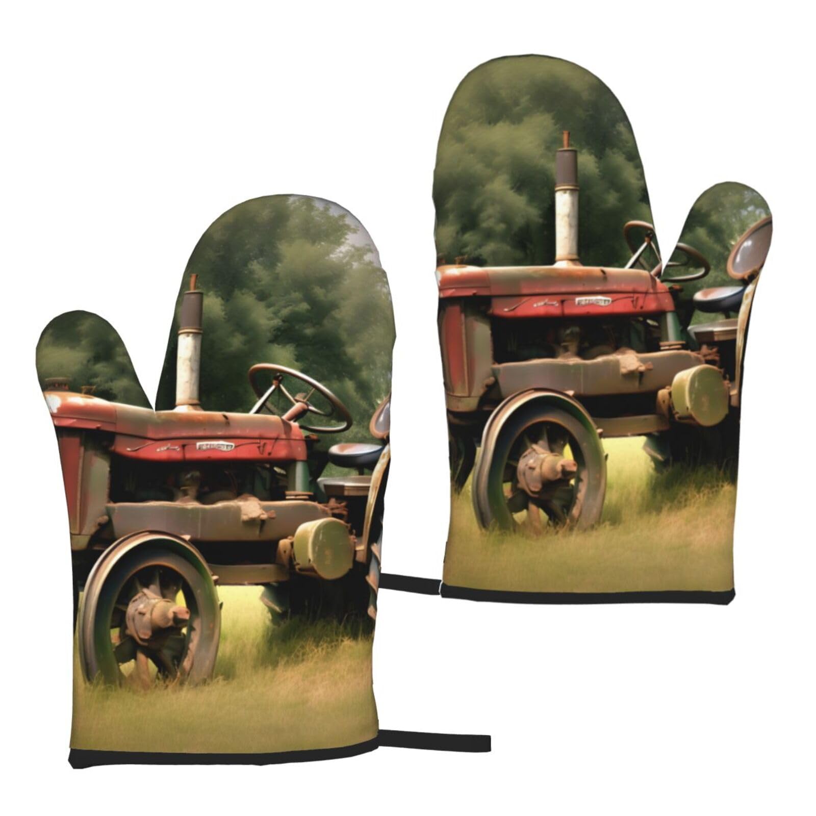 Nimongt Women's Black Old Tractor Photoes Farm Print Adults Universal Fit Heat Resistant Oven Gloves Reusable Cooking Outdoor Grilling