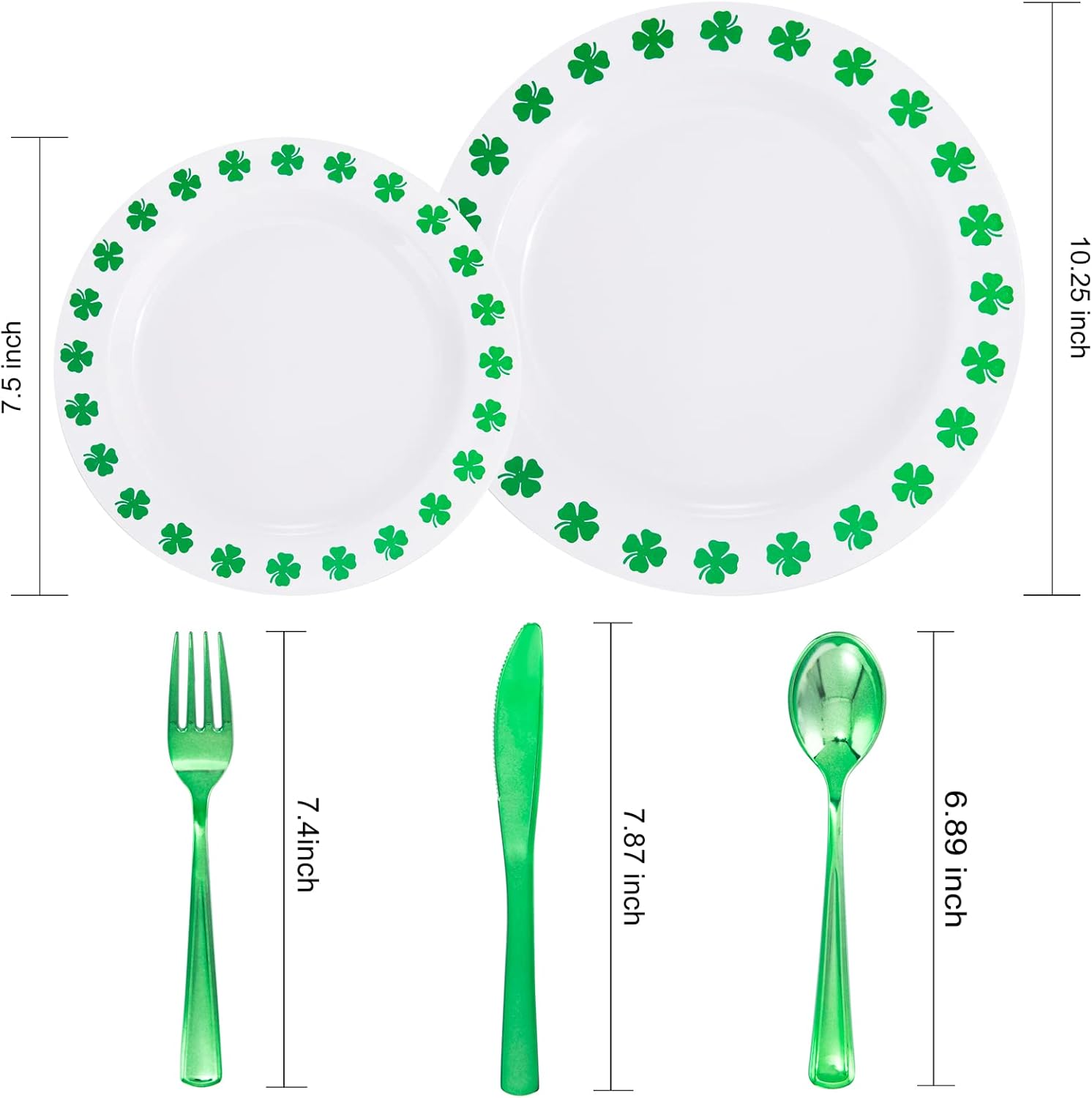 WDF 25Guest St Patrick’s Day Plates - Green Plastic Plates with Shamrock Clover & Disposable Silverware - Premium White and Green Plastic Dinnerware for St. Patrick’s Day