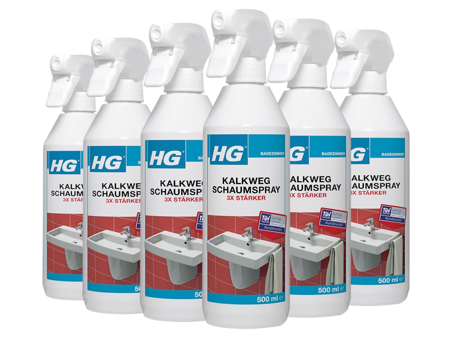 HG Kalkweg Schaumspray 3x stärker – Kraftvoller Kalkreiniger gegen Kalk & Seifenreste – Bad & Dusche – 6er Set
