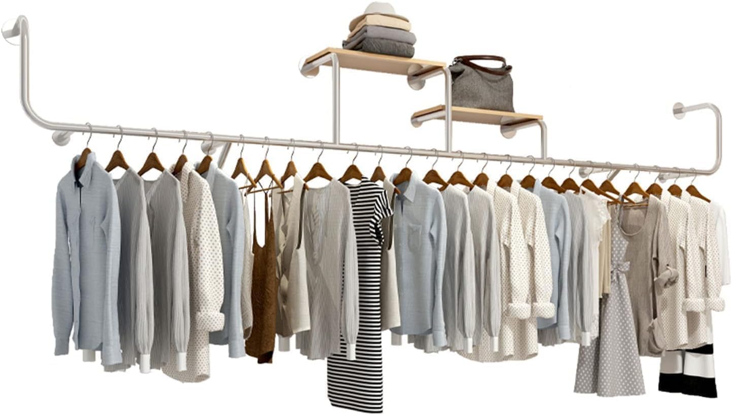 HPTHLY Wall Mounted Garment Clothes Rail Hanging Shop Display Tubing Rack,Professional Creative Retail Store Display Hangers Clothes Rack With Shelves,Metal Hangers For Bou(250Cm)