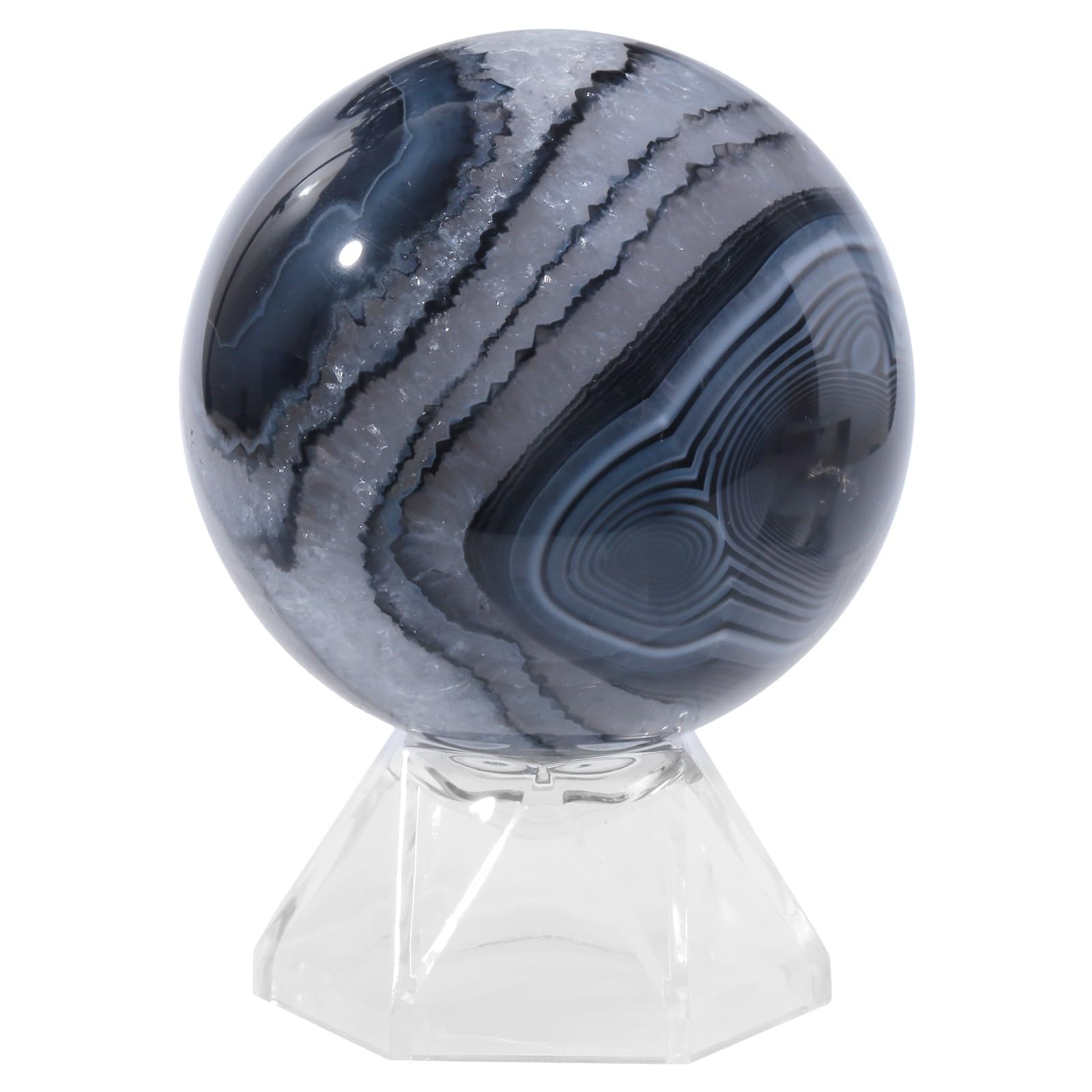 Rockcloud Natural Striped Black Agate Crystal Ball with Acrylic Stand Polished Decorative Sphere Figurine Sculpture for Divination, 1.96-2.36 Inches
