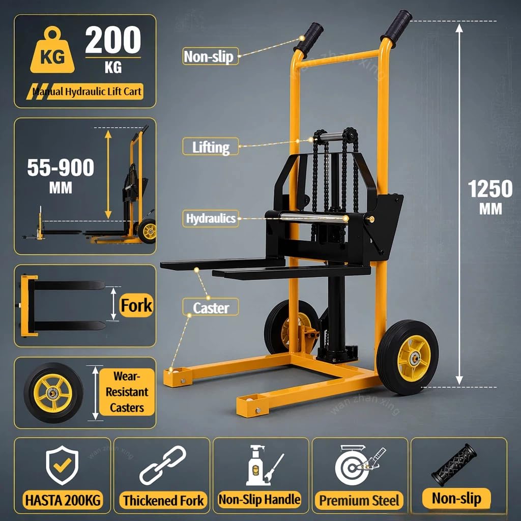 Elevador Manual de Carga de 200 kg - Carretilla Elevadora Compacta Y Ligera de Acero con Altura de 900 mm, Transpaleta de Bomba Hidráulica para Almacenes Y Talleres