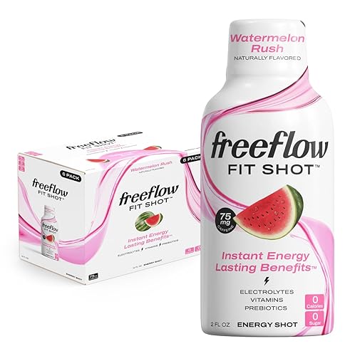 Freeflow Fit Energy Shots, Watermelon Rush, impulso natural de cafeína con L-teanina, ginseng, vitaminas, prebióticos, electrolitos (6 unidades,
