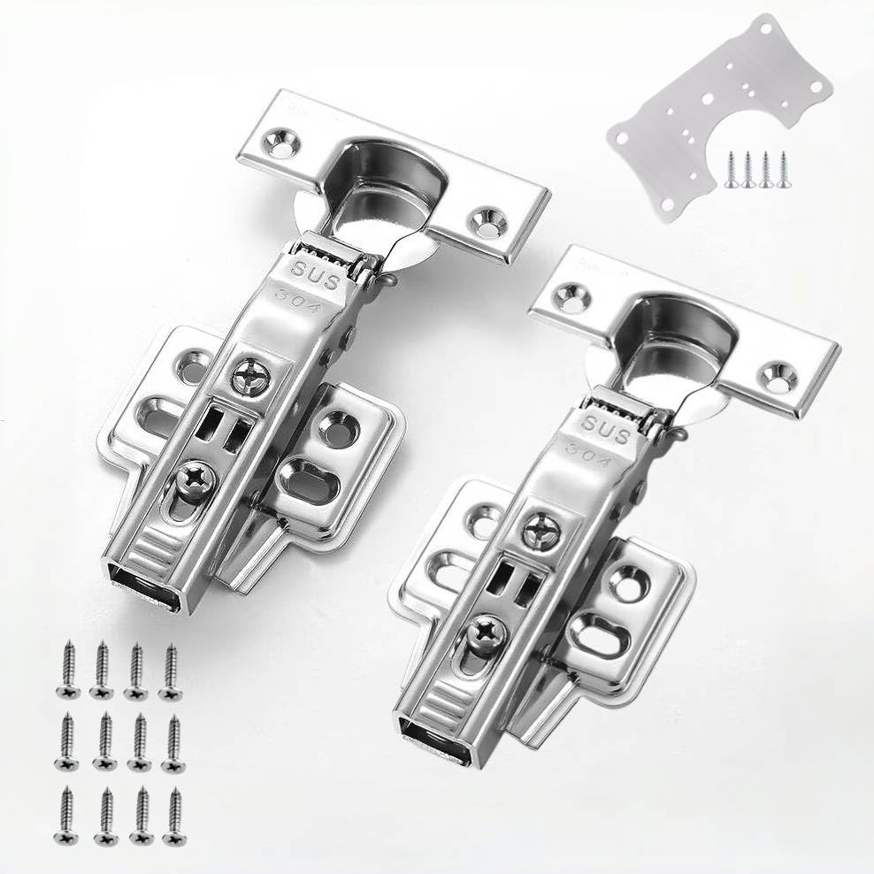 AILEWE スライド丁番 高厚み304ステンレス製 耐水 全かぶせ 2個セット,スライド蝶番 油圧式 銅の芯 ワンタッチ式,隠れヒンジ キャッチ付 35ミリ インセット,キッチン/戸棚/下駄箱 家具 扉 ハードウェア キャビネット部品 修理プレート/ネジ付け シルバー