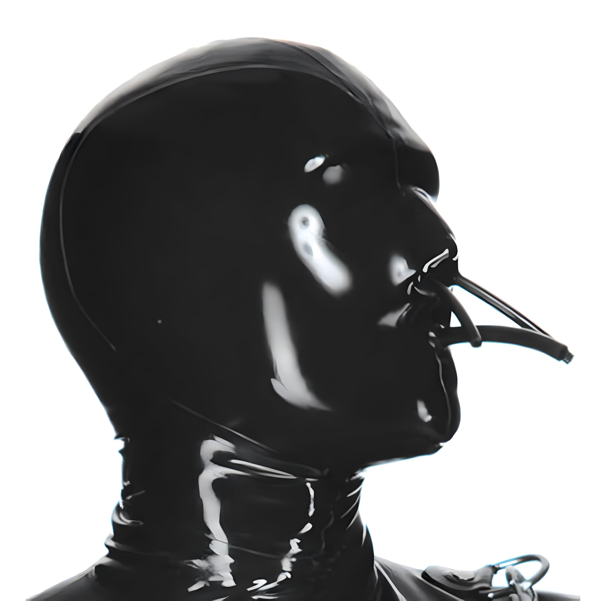 2.Full Cover Latex Hood with Fixed Hollow Mouth and Nose Tube Rubber Mask ClubWear (L)