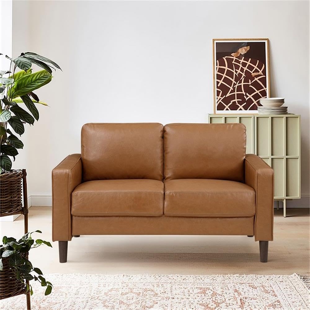 Pemberly Row 2-Piece Faux Leather Sofa Set, Brown Upholstery, Track Arms, Solid Wood Frame, Foam Padding, Pocket Coil Seats, Modern Living Room Furniture, Includes Sofa and Loveseat, Comfortable