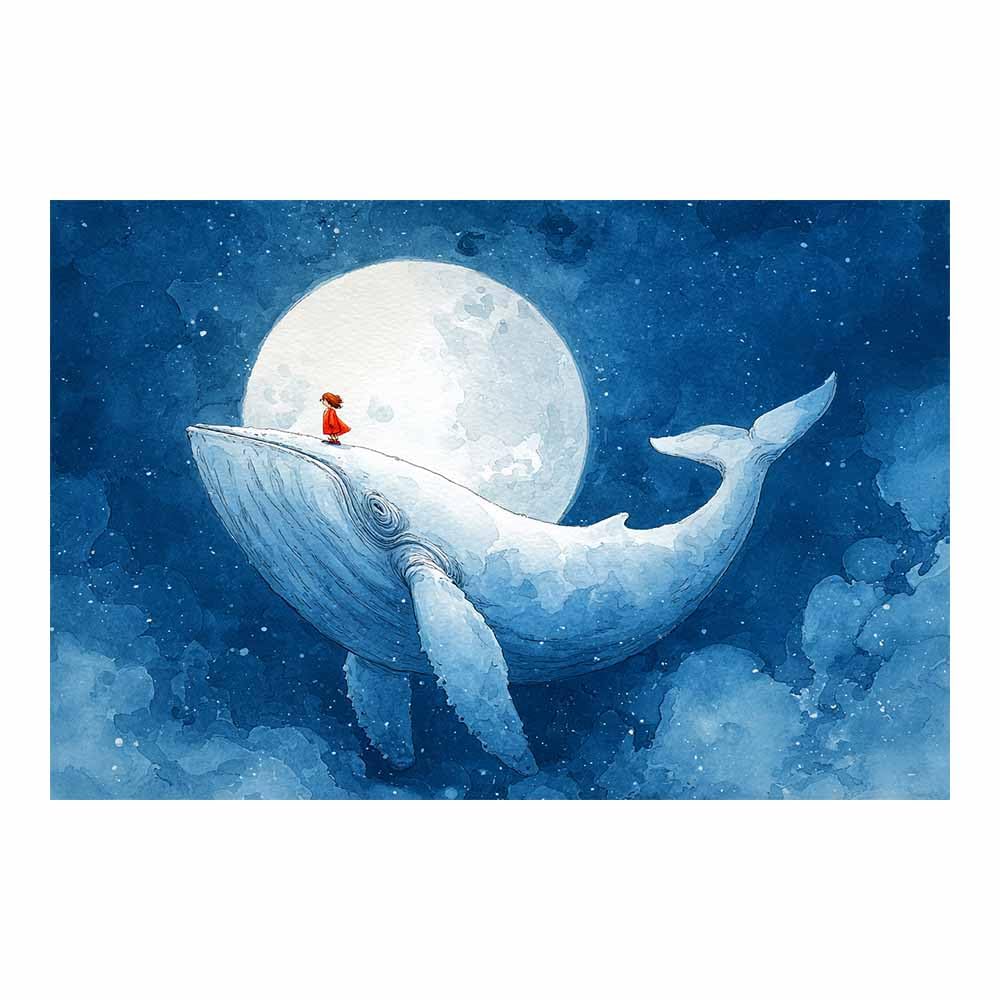 HUYEEI Canvas Wall Art Beachs Child Riding a Whale marine animals Seascape Vintage Artwork for Seaside Livings Room Bedroom Bathroom Decor(blue)-60x80cm Unframed