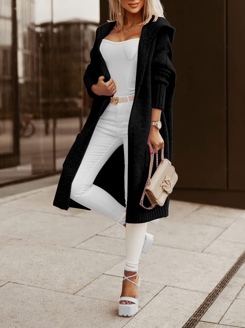 Tongmingyun Cardigan long à capuche pour femme - Cardigan d'hiver en tricot épais - Décontracté - Manteau en tricot ample - Élégant - Veste longue ouverte sur le devant