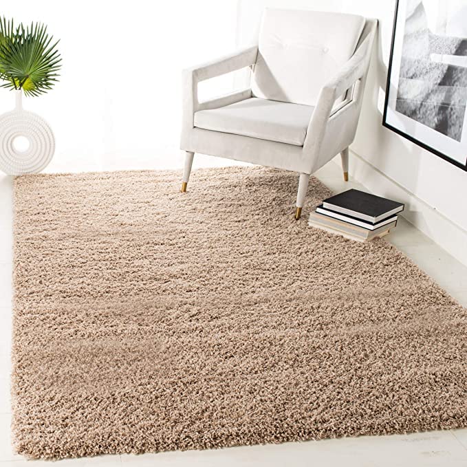 BHADOHI CARPETS HOUSE Shaggy Carpet Solid Plain Fluffy Fei Rugs (Beige, 4 X 6 Feet, Microfibre) for Living Room, Bedroom & Hall