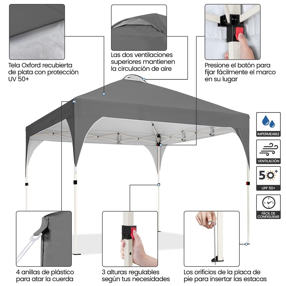 Yaheetech 3×3m Carpa Plegable Portátil 8-10 Personas Toldo al Aire Libre Carpas para Exteriores Playa con Bolsa de Transporte Gris Oscuro