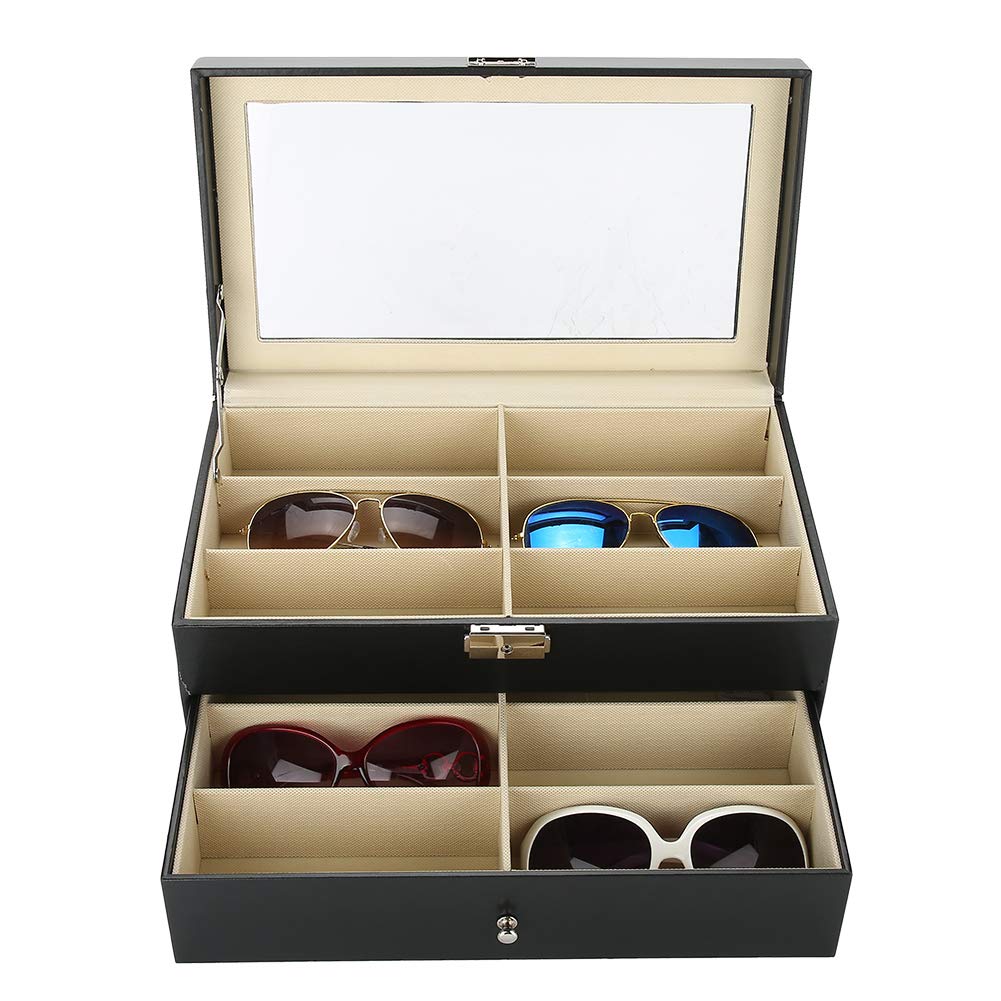 Caja organizadora para guardar gafas de sol - Estuche de 12 compartimentos para gafas con cerradura y llave - Caja de gafas de cuero sintético, porta gafas - Caja de presentación con tapa transparente