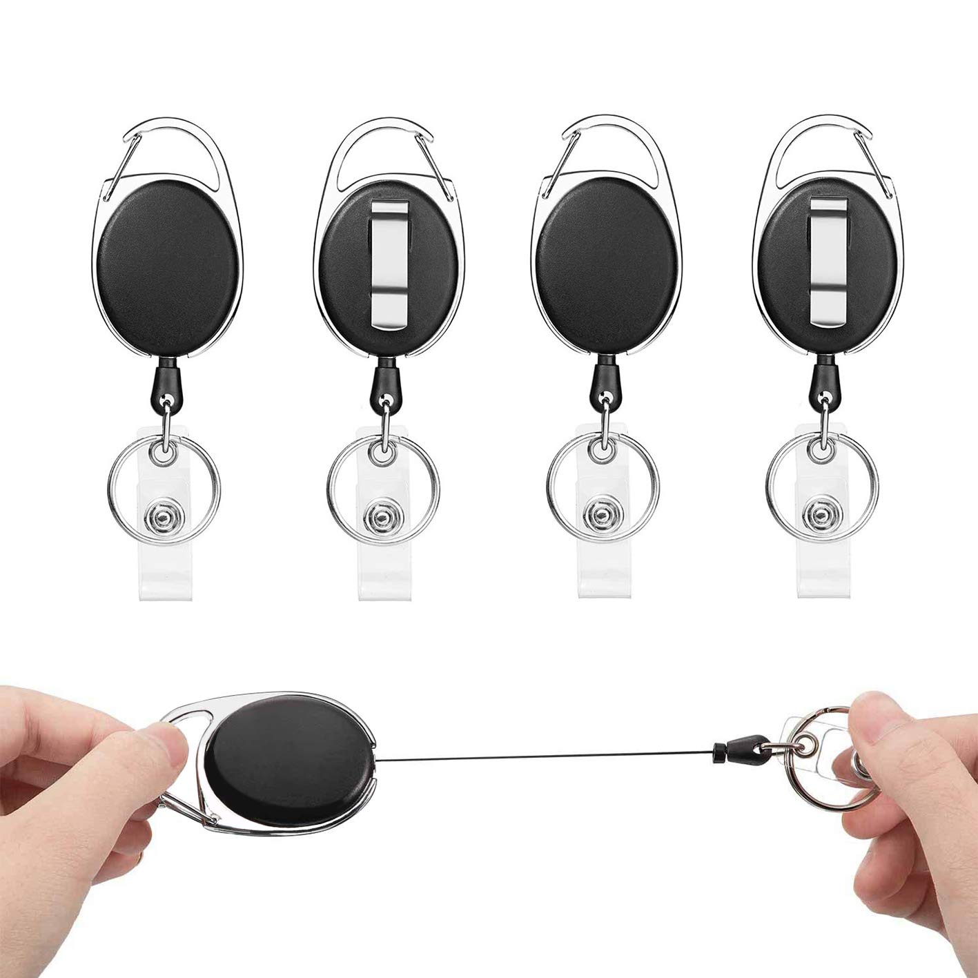 Extendable Lanyard, Pack of 4, Retractable ID Card Holder, with Key Ring, Belt Clip, Key Ring, Extendable Strong, for Card Holder, ID, Keys, ID Card Holder (Black, Pack of 4)