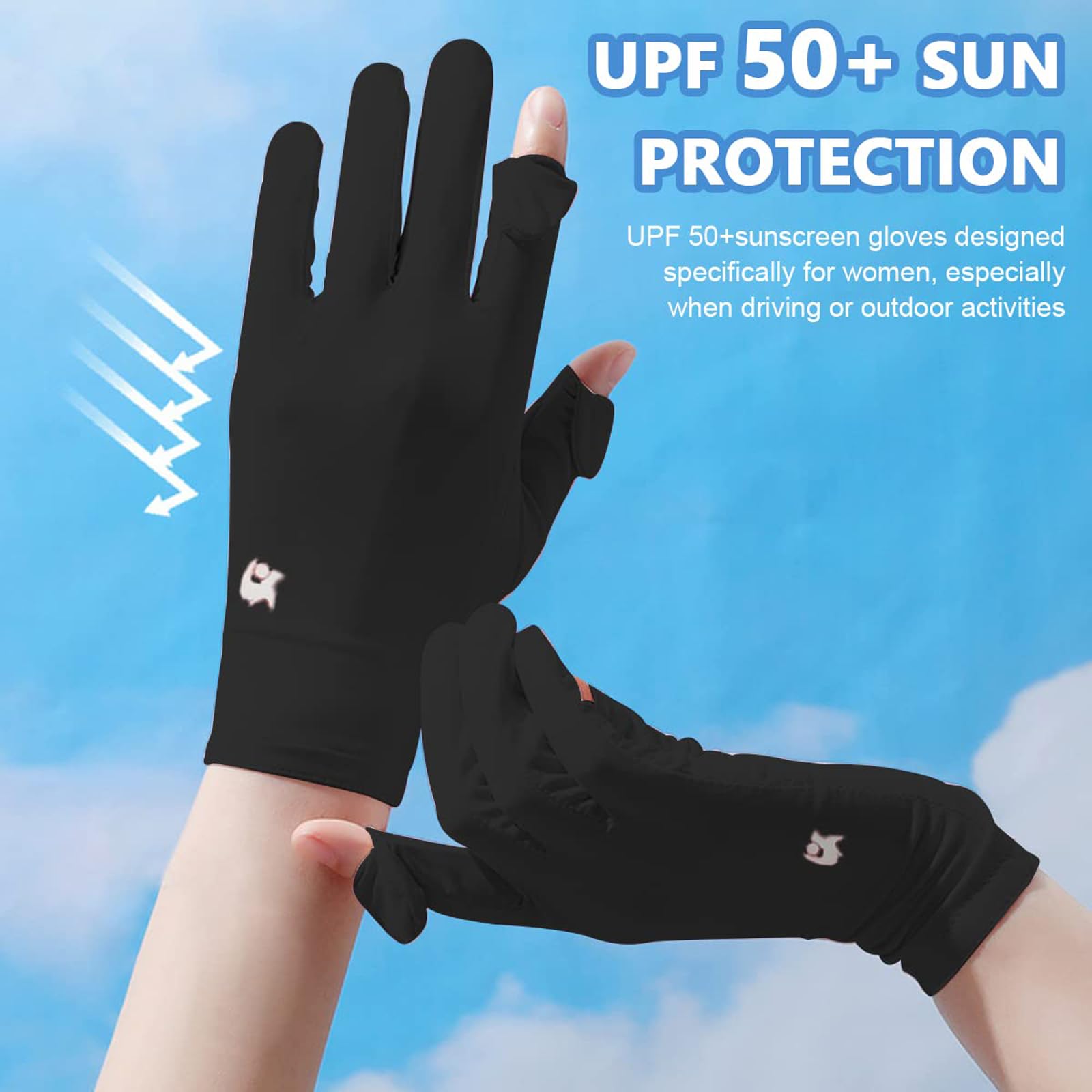 Massmot Sun Protection Gloves for Women, Non-Slip Touch Screen Sun Gloves, Breathable Silk Cooling Gloves, Outdoor Full Finger Gloves for Cycling Driving Fishing, Breathable and Lightweight (Black) 2