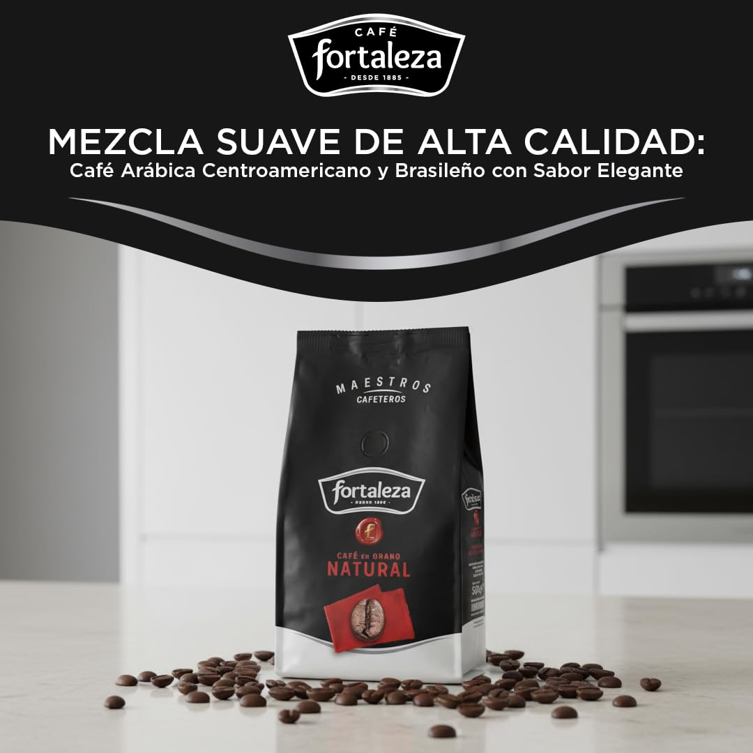 CAFÉ FORTALEZA Café en Grano Natural 500g x 6 - Total 3KG - Café en Grano con Matices Herbales y Afrutados - Café Arábica Centroamericano y Brasileño con Sabor Elegante - Café con Final Largo